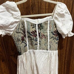 Cottagecore White Puff Sleeve Dress with Floral Tapestry Bodice